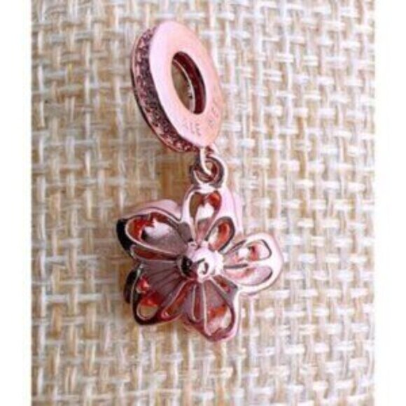 Rose Gold Plated Cherry Blossom Dangle Charm Fits Pandora Charm Bracelets - Picture 5 of 5